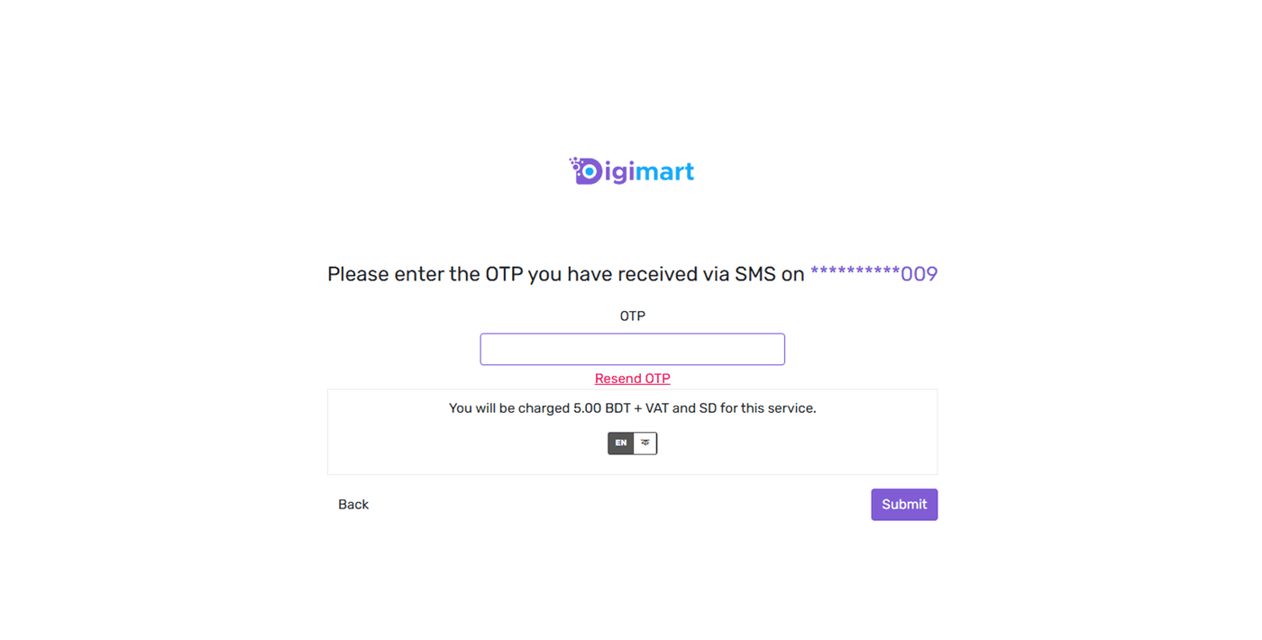 Grameenphone generates and sends the OTP. The subscriber enters it here, with the charge restated.
