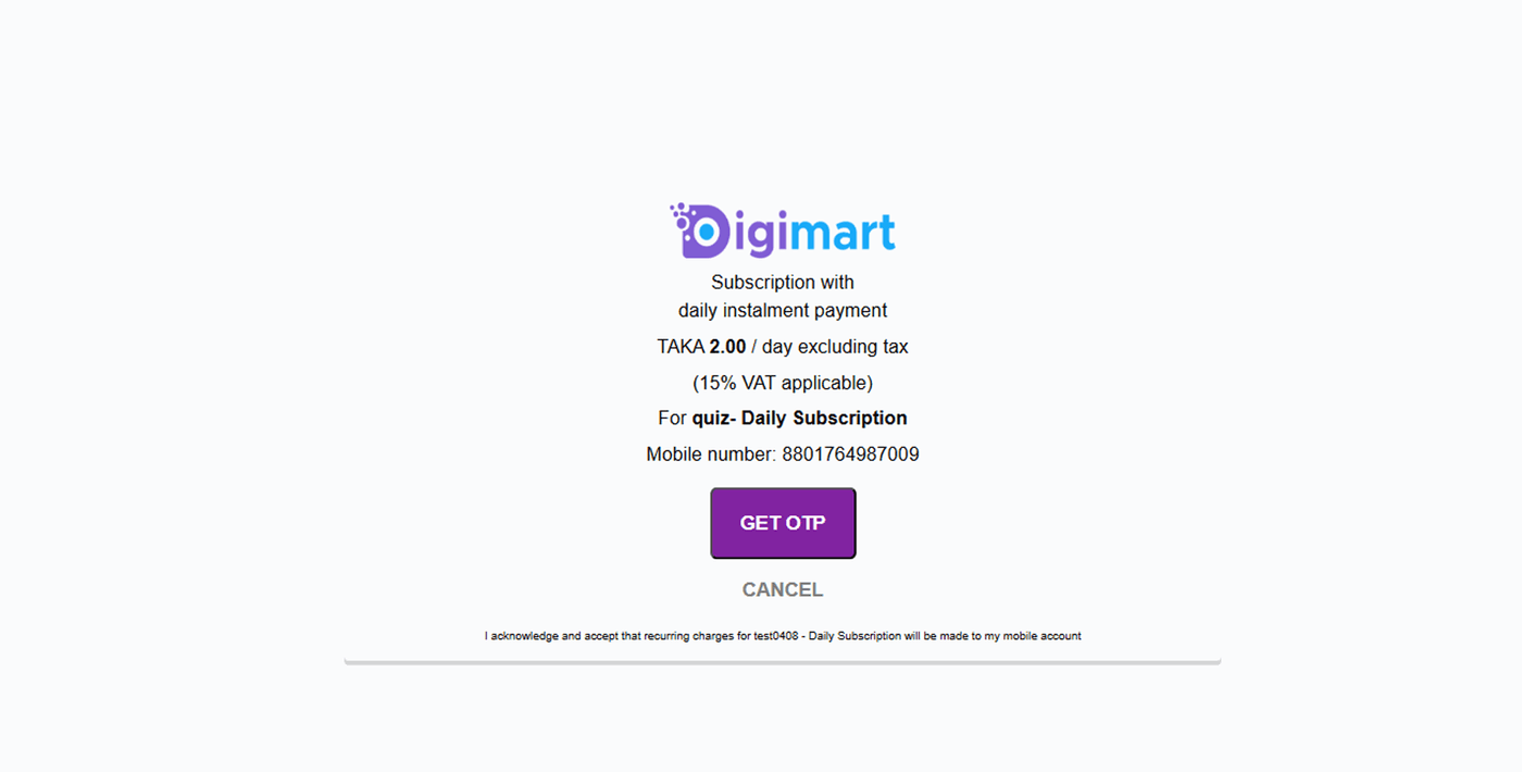 The number is already known, so the subscriber only confirms the price and presses Get OTP.